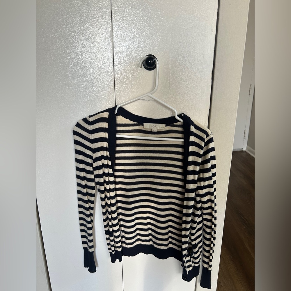 LOFT Women's Navy and Cream Striped Cardigan
